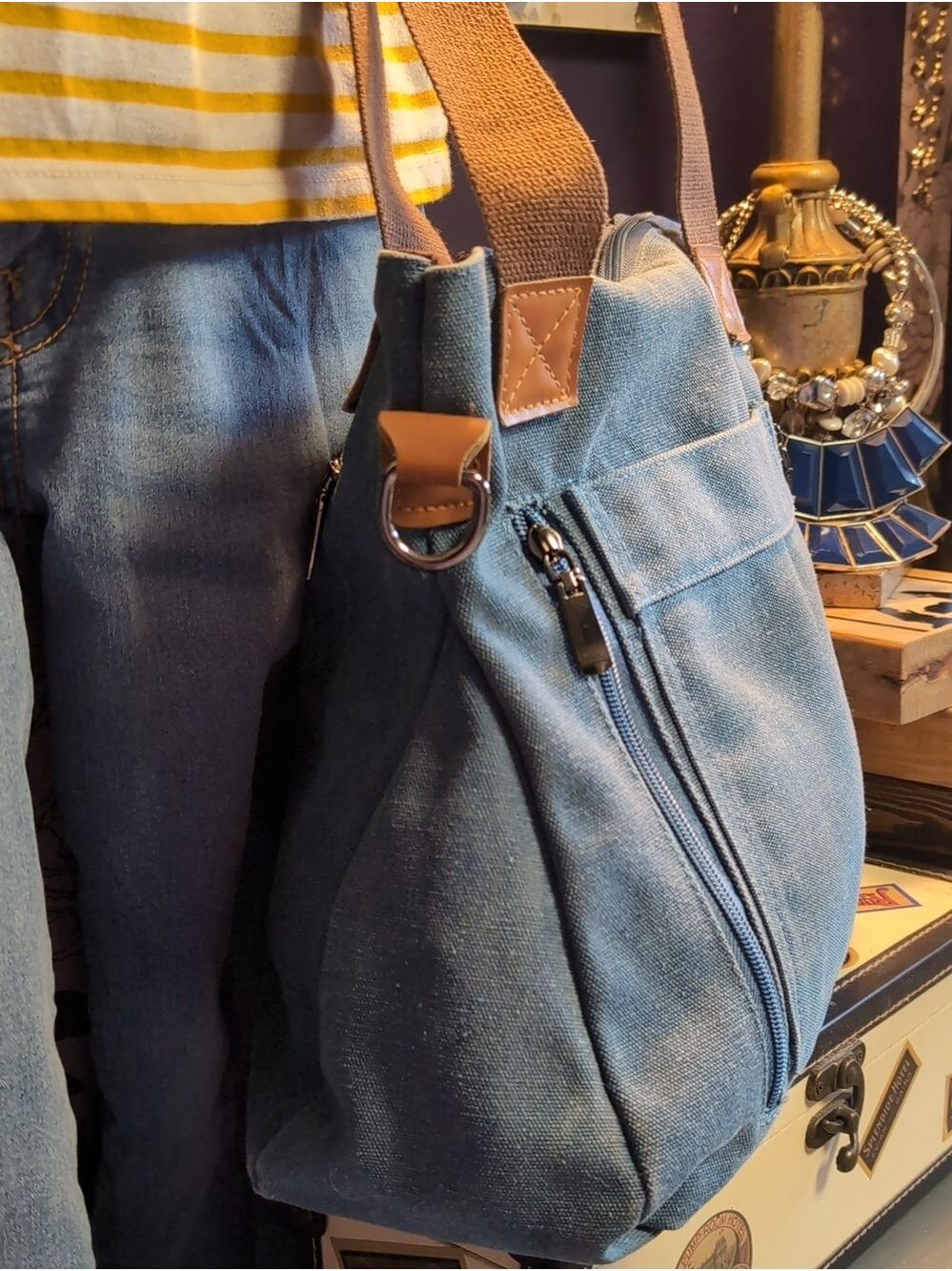 Canvas Tote Bag with Front Side Zip Pockets - Denim Blue - Picture 4 of 11